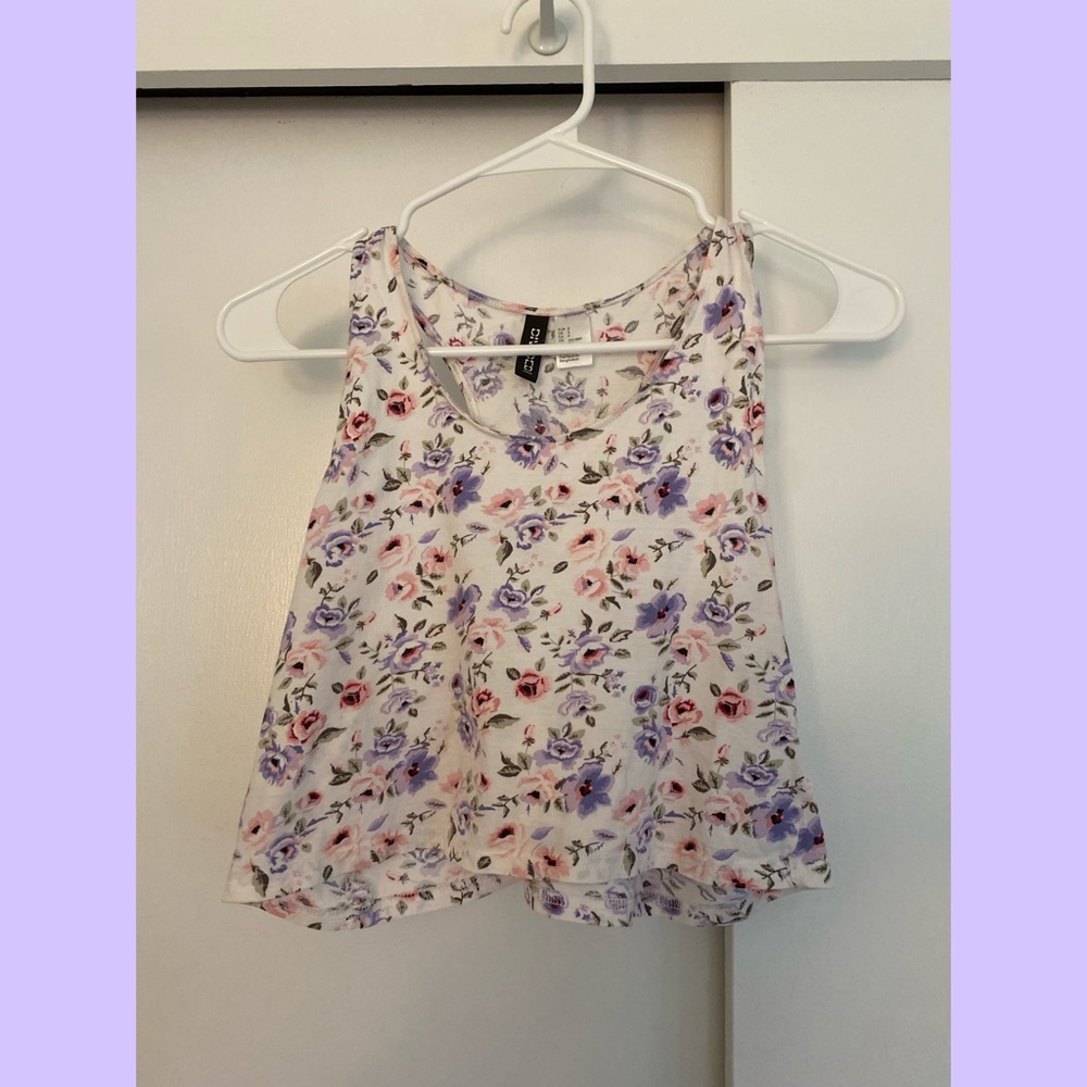 purple pink and white floral cropped tank top
